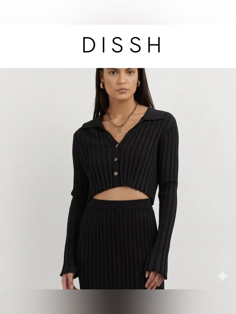 DISSH Black Rib Knit Polo Crop Button Up Top Sweater NWT Size S